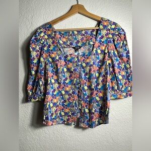 Blue and Purple Puff Sleeve Crop Blouse